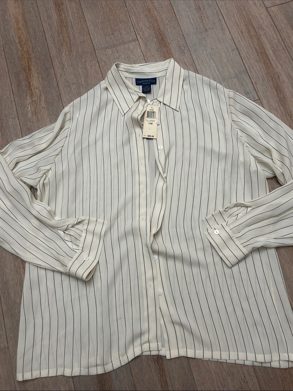 Charter Club Silk Cream Button-Down Shirt with black Pinstripes size 14 W - Picture 4 of 15
